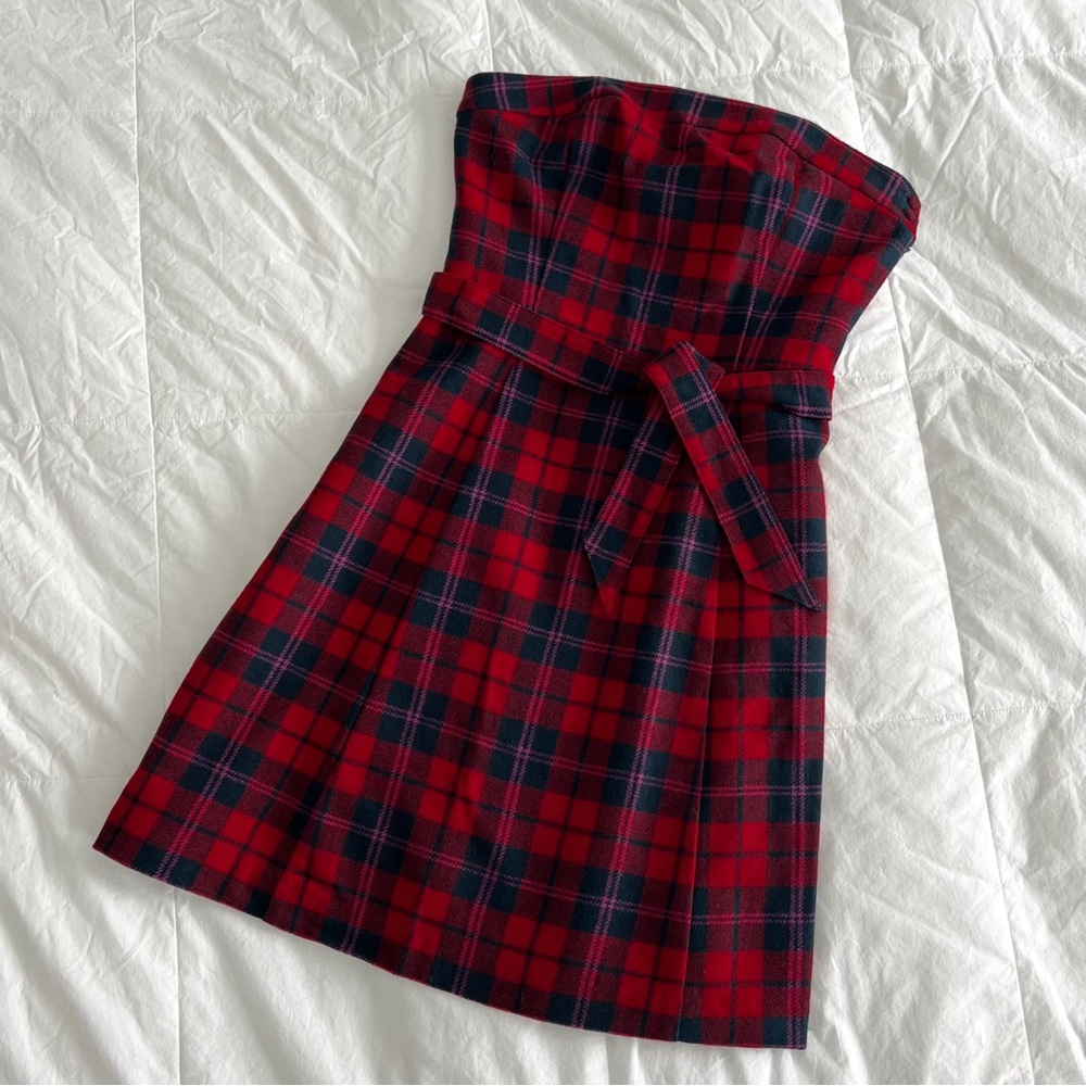 American Eagle Outfitters Red and Black Plaid Strapless Dress